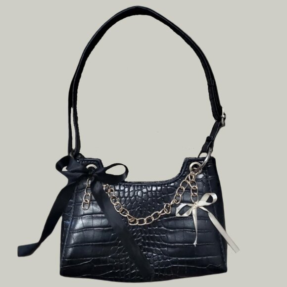 Black Snake Pattern Shoulder Bag with Gold Chain and Ribbon - Picture 1 of 1